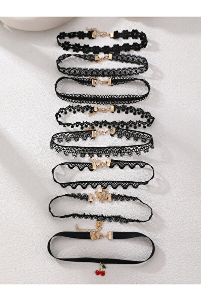 Take Two By Styli Pack of 8 - Black Lace Choker Necklace