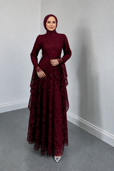 Abiye Diyarı Zelal Belted Lace Fabric Lined Hijab Evening Dress