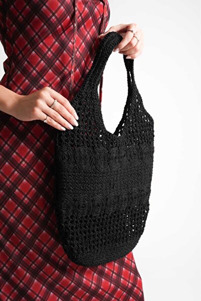Ramer Lidya Rope Knitted Beach and Daily Black Women's Shoulder Bag