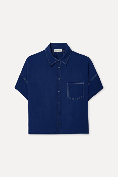 Mudo Women's Navy Blue Oversize Short Sleeve Linen Shirt