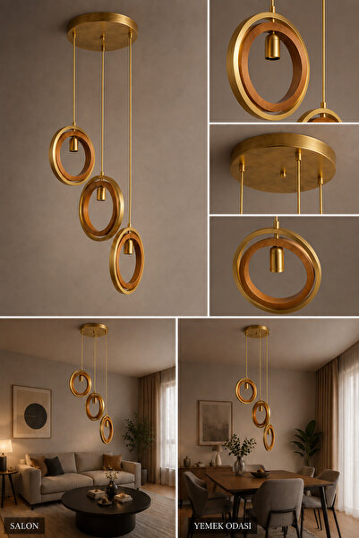 ÇILGIN AYDINLATMA Modern 3'lü Halka Avize-Eskitme Metal ve Ahşap Detaylı
