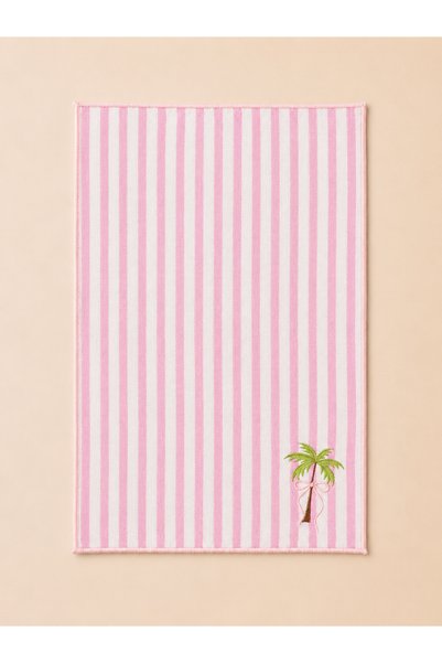 LİONYA DESİGN Palm Tree Embroidered Decorative Hand Towel – 100% Cotton, Striped Linen Texture (30X45)
