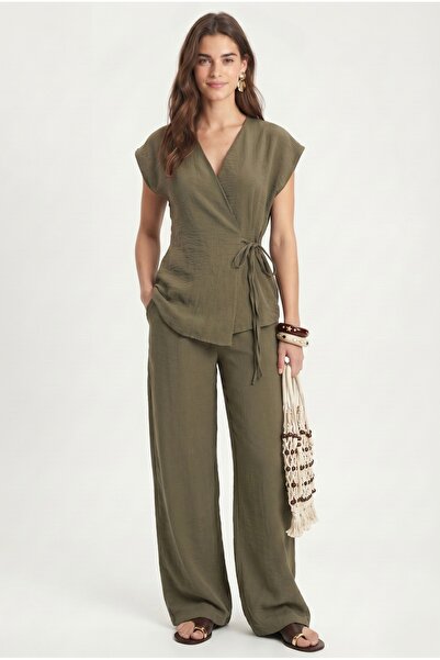 Ritnice Women's Kelsey Asymmetrical Tie-Up Vest Waist Tied Pants Woven Khaki ...