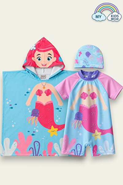 My Kids Wear طقم ملابس سباحة للبنات مكون من قطعتين - ملابس سباحة، منشفة وقبعة...