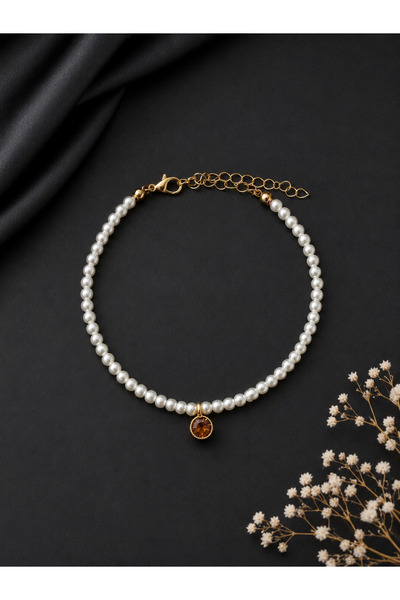 HALHALMILL Mustard Color Crystal Stone Pearl Anklet