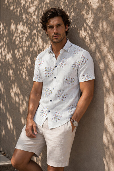 Louis Fabel Short-Sleeved Men's Shirt with Lines and Micro-Flower Pattern on ...