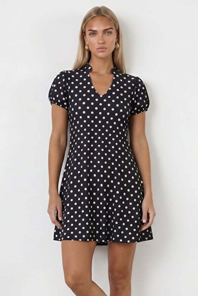 Trend Alaçatı Stili Women's black v-neck ruffled sleeve polka dot patterned d...