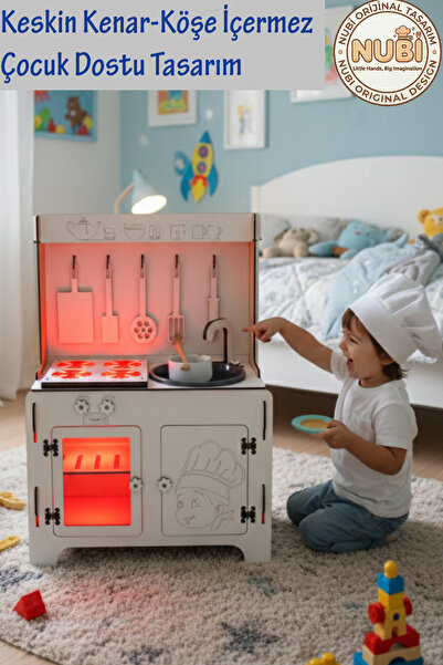 NUBİWOOD Renkli Kumandalı LED'li NUBİ Ahşap Çocuk Mutfağı - 3+ Yaş - Montesso...