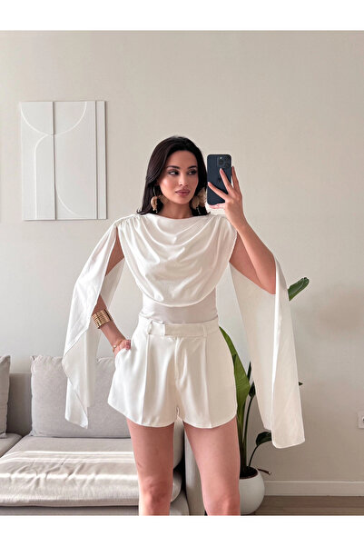 Zoom Butik Drapeli Pelerin Bodysuit - BEYAZ
