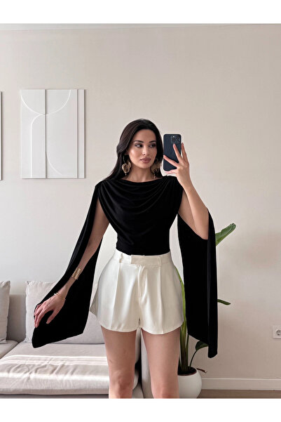 Zoom Butik Drapeli Pelerin Bodysuit - SİYAH