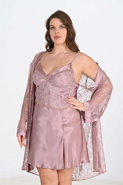 AHU Women's Plus Size 2-Piece Lace Detailed Mink Robe and Nightgown Set
