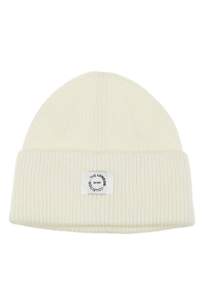 Zumzeria Ecru Knitted Beanie with Ecru Badge for Women