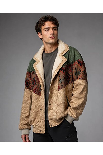CANMODA (8014) Recien Unisex Fur Collar Vintage Aztec Jacket Oversize 90S Coa...