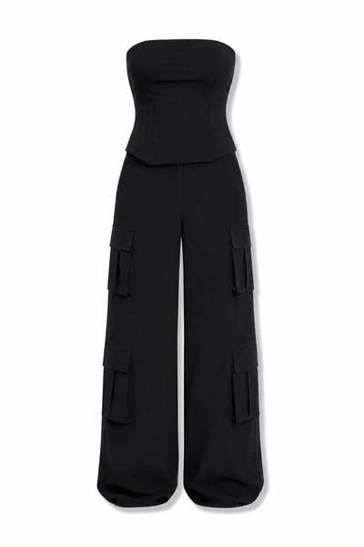 5in1Canpolat Black Parachute Strapless Blouse Pants Set