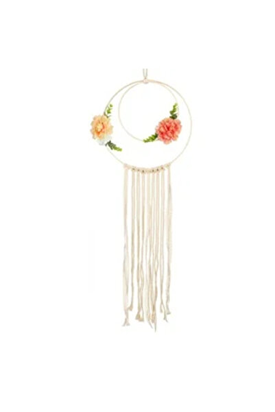 Zumzeria Round Beige Macrame Wall Decoration with Fringes & Flowers Ø31x82cm