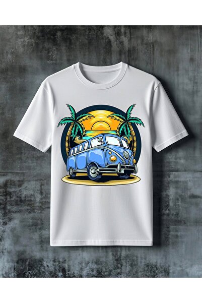COMVİCHO Blue Minibus Palm Tree Seaside Printed Oversize T-Shirt