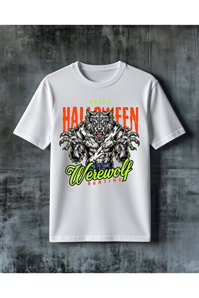 COMVİCHO تي شيرت كبير الحجم مطبوع عليه Happy Halloween Werewolf