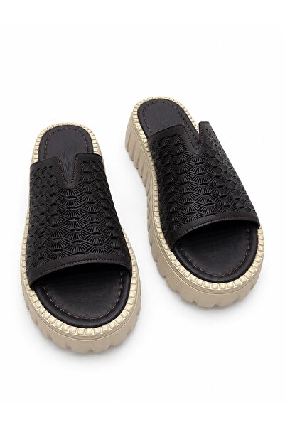AYAKKABİSEPETİ Genuine Leather High-Sole Women's Slippers