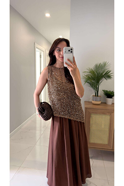 BİRCANÇİL Zr Vilda Coffee Knitted Sequined Asymmetrical Cut Athlete Style Des...