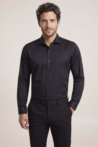 Efor Erkek Slim Fit İtalyan Yaka Pamuklu Kolay Ütülenebilir Siyah Gömlek GK 761