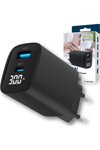 Gembird Încărcător rapid USB cu 2 porturi, 30W, LCD |   TA-UC-PDQC30LCD-BK-01