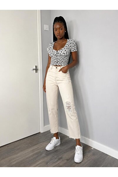 Fro line Kadın bej renk boyfit 3413_w1 yüksek bel %100 Koton jean pantolon