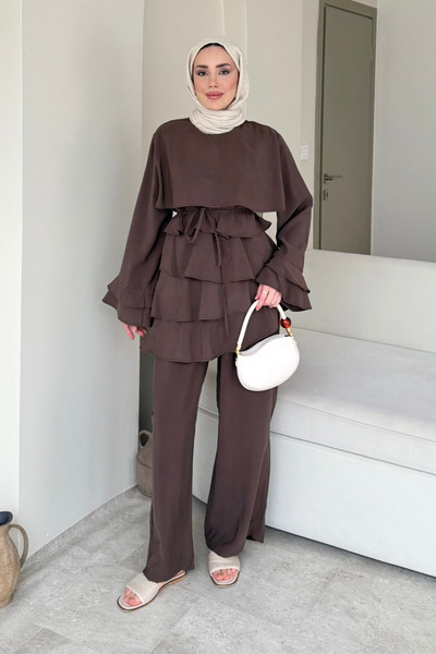 Tesettür Diyarı Simar Tansel Fabric Layered Hijab Set - Brown