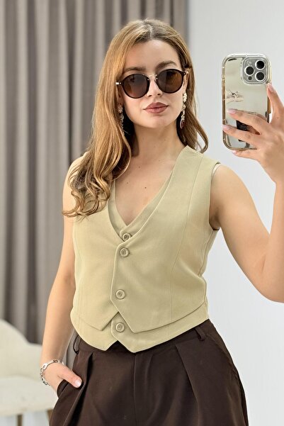 Raneel Kazançlı Alışveriş Women's Double Model Buttoned Crop Fabric Vest Mink