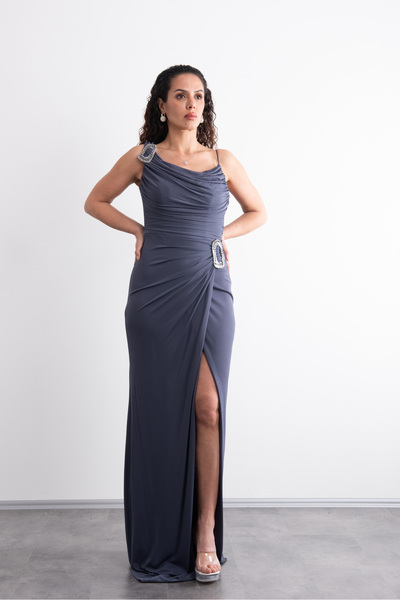 Mialora Long, Stylish Evening Dress with Shoulder and Waist Accessories, Drap...