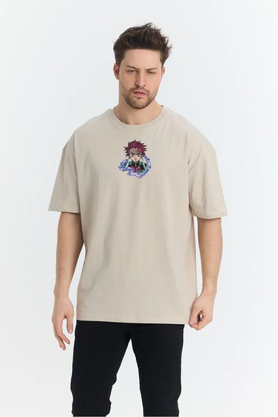 FAUNION Unisex Oversize Embroidered Demon Slayer Tanjiro Anime Design 100% Co...
