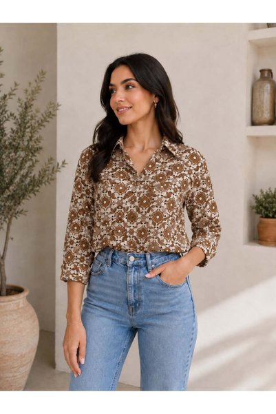 Roza Moda Collection Yeni Sezon Geometrik Desenli Gömlek - Yazlık Dökümlü Rah...