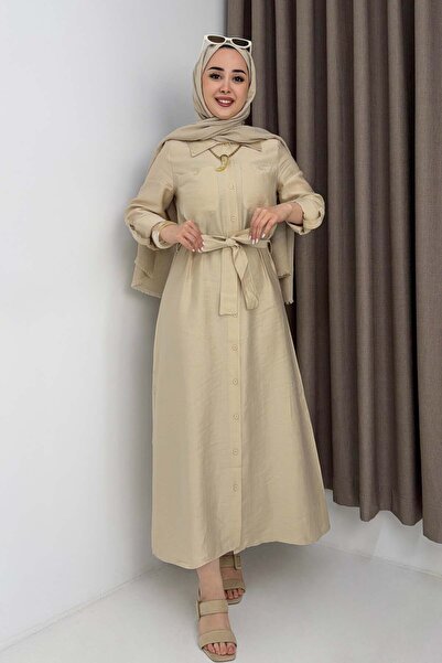 Raneel Kazançlı Alışveriş Women's Belted Buttoned Shirt Dress Beige