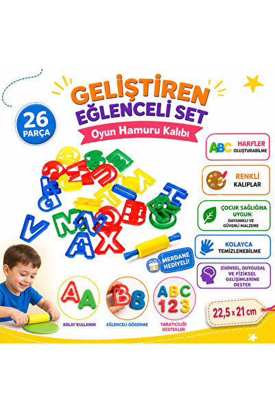 Shoplandu Alfabe Oyun Hamuru Kalıbı Harfler 26 Parça Merdane Hediyeli - Çocuk...