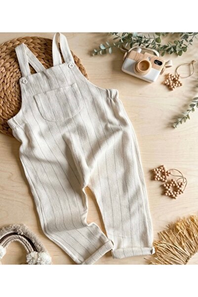 RÜYA KİDS Boy's Linen Cotton Brown Striped Salopet