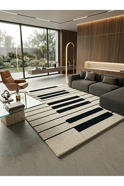 Rugs Modern Halı SDT Piyano Tuşu Desenli Müzik Temalı Minimalist Beyaz Siyah ...