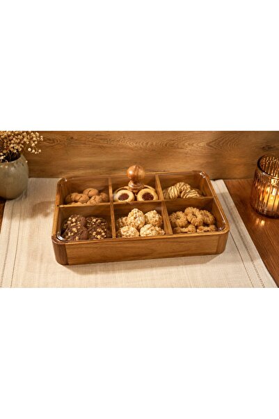 morponi 6-compartment acacia cookie and presentation storage container with l...