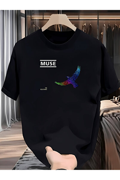 Aura YIO قميص رجالي للراحة، مزين بطباعة MUSE، تصميم مستطيل، تي شيرت كاجوال بر...