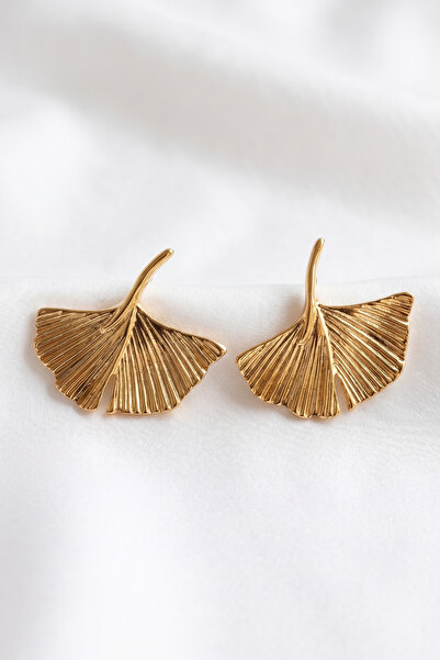 özgül takı ve tasarım Leaf Model Gold Color Stainless Steel Women's Earrings