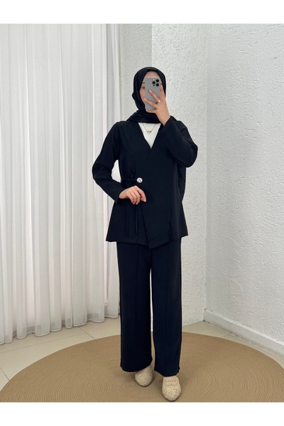 Holehola Şimşek Side-Tie Gold Buttoned Trousers Suit-Gs2418 Black