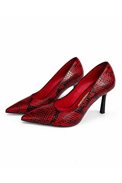 Luxe Heel Kırmızı Yılan Desenli Sivri Burun İnce Topuk Deri Stiletto