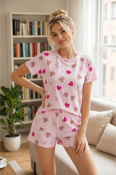 Silona Homewear Set de pijamale Marla Catto Pink Love Bear cu pantaloni scurți