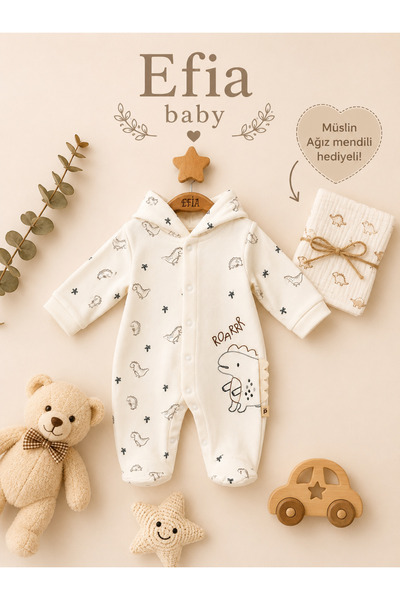Efia Baby %100 Pamuk 3-6-9 Ay Dinazor Aplikeli Erkek Bebek Tulum