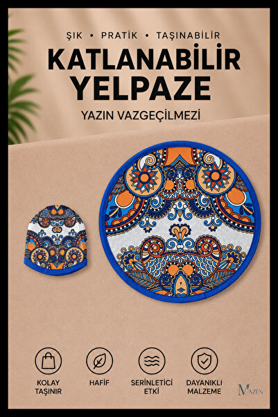 MAZEN Etnik Desenli Katlanabilir Yuvarlak Yazlık Taşınabilir El Yelpazesi