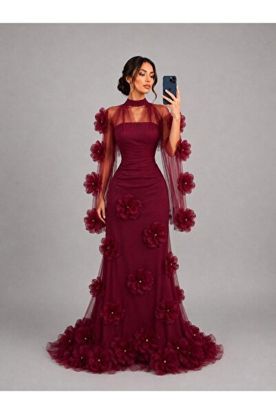 DARBEST Long Burgundy Corset Beaded Evening Dress with Tulle Sleeves and 3D T...