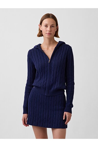 GAP Kadın Lacivert %100 Pamuk Cable-Knit Fermuarlı Hırka