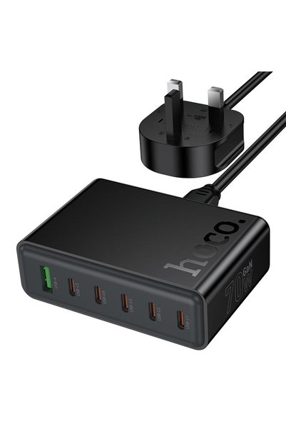 Hoco C152B GaN 70W 6-in-1 Fast Charger | USB-A + 5 Type-C Multi-Port Desktop Charger | Intelligent Balance | UK Plug | 1.8m Cable