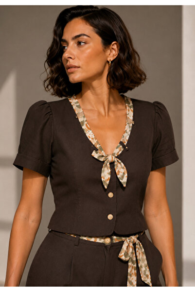 Selence Brown Vintage-Inspired Blouse with Scarf Detail