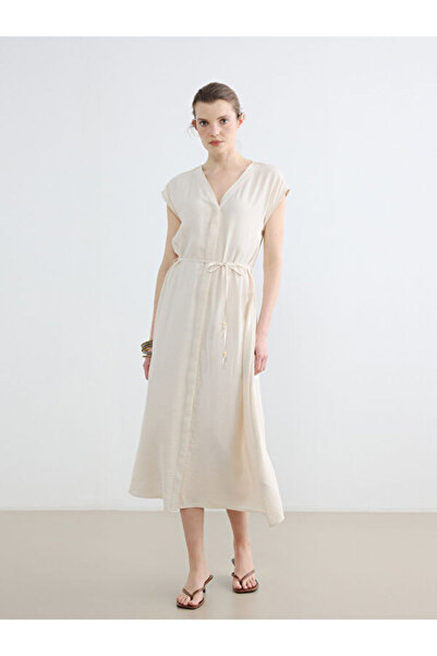 LC Waikiki V-Neck Belted Waist Textured Dress