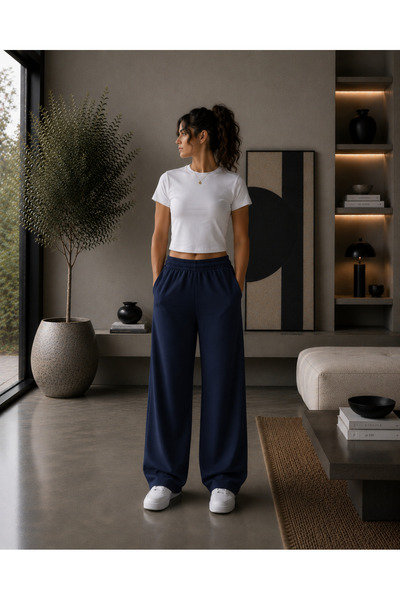 ADR MODA Women's Navy Blue High Waist Wide Leg Sweatpants with Side Pockets