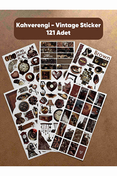 hdsticker 121 Adet Kahverengi Temalı Sticker Seti Ajanda Planner Vintage Retr...